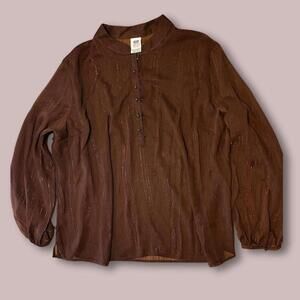 Faded Glory Plus Size 26W Brown Button Front Blouse Long Sleeve Casual Work Top